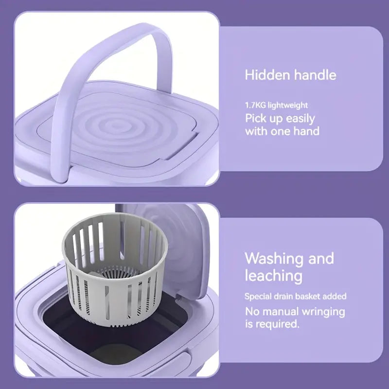 Portable Mini Washing Machine - Collapsible, 8L Capacity, 3 Sterilizing Modes, Purple-4