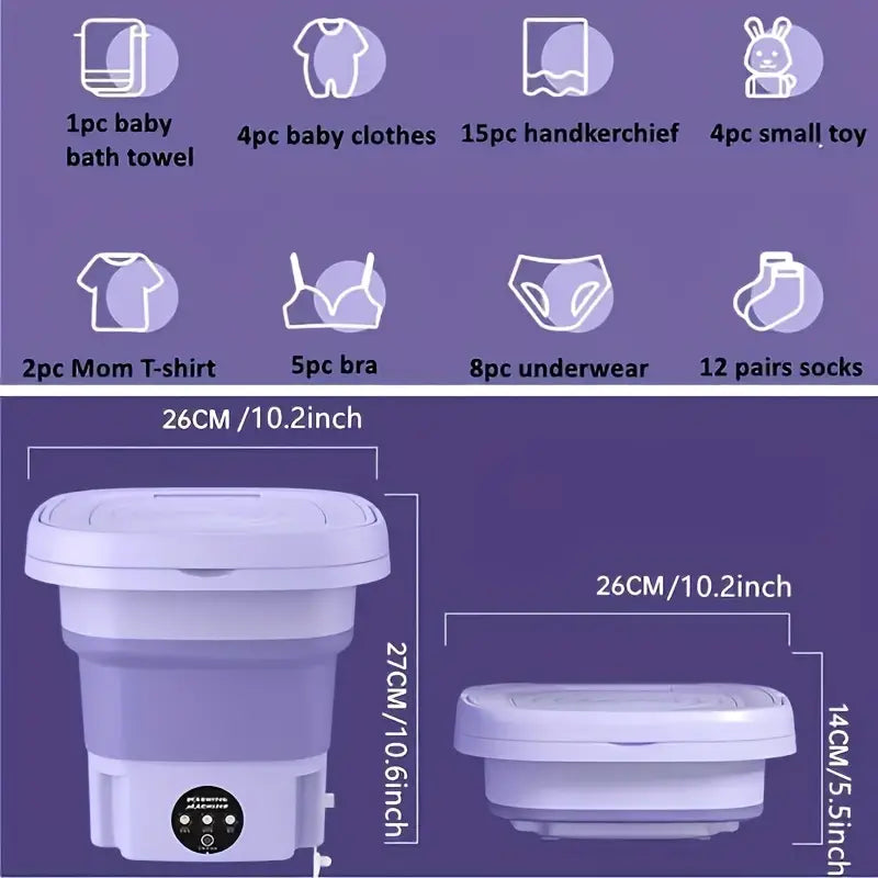 Portable Mini Washing Machine - Collapsible, 8L Capacity, 3 Sterilizing Modes, Purple-3